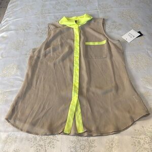 NWT Women’s Petite Large beige and neon green sleeveless button up sheer blouse